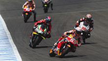 Pembalap Repsol Honda Marc Marquez dalam balapan MotoGP Spanyol di Sirkuit Jerez, Minggu (19/7/2020).(AP Photo/David Clares)