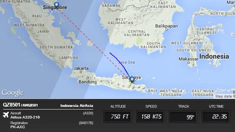 Radar Pergerakan AirAsia Surabaya-Singapura yang Hilang Kontak