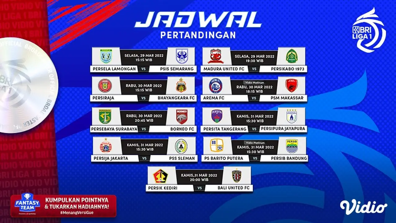 Jadwal dan Link Live Streaming BRI Liga 1 Pekan ke-34 di Vidio, 29 - 31 Maret 2022