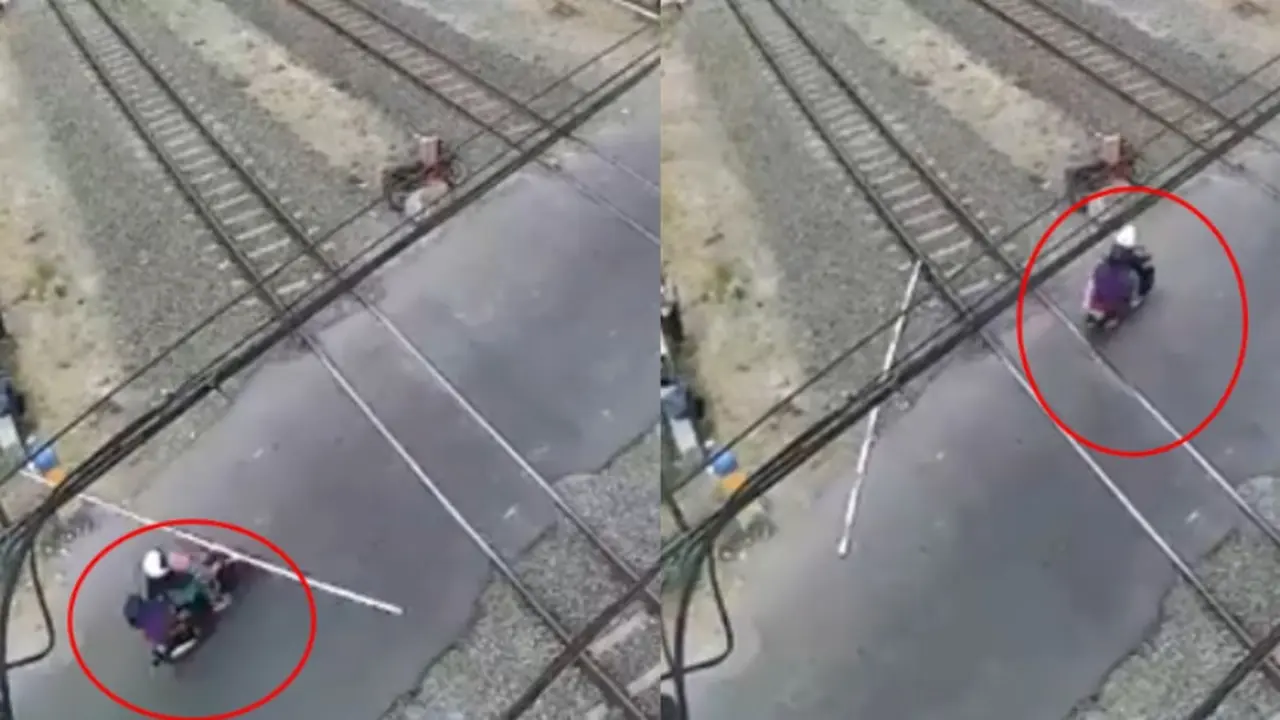 Terobos Palang Perlintasan Kereta Api hingga Copot, Emak-Emak Bermotor Ini Tak Peduli
