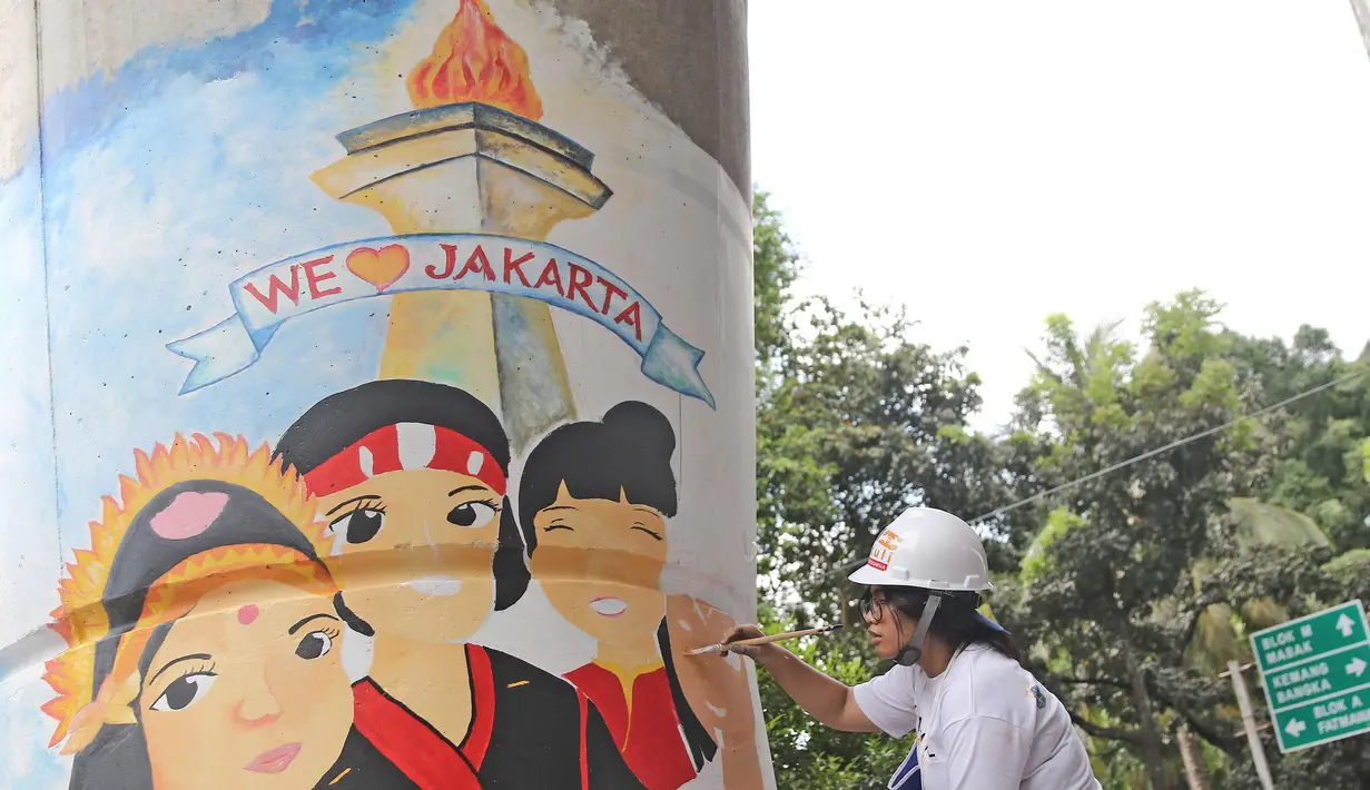 Seorang siswi sedang  membuat mural di bawah Jalan Layang Non-tol Antasari, Jakarta, Sabtu (10/3). Sebanyak 63 tiang akan dilukis mural oleh perwakilan dari SMA dan SMK di Jakarta untuk mempercantik kawasan tersebut. (Liputan6.com/Herman Zakharia)