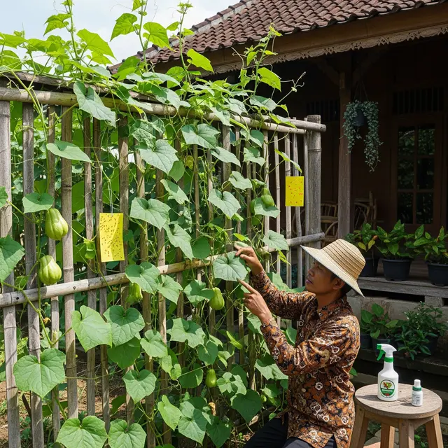 Kebun Labu Siam Rambat di Pagar Bambu (Gemini AI)