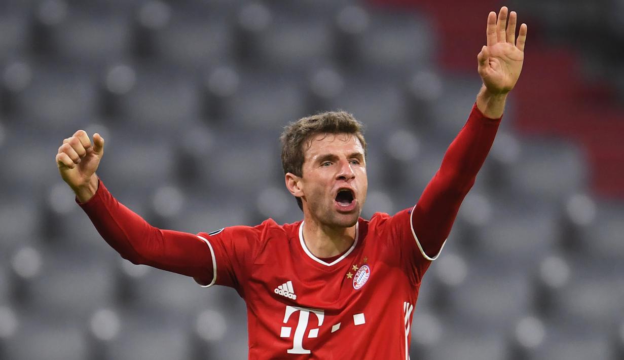 6. Thomas Mueller (Bayern Muenchen) - Total penampilan sebanyak 119, termasuk saat melakoni partai matchday 3 musim 2020/2021 melawan Salzburg (4/11/2020). (AFP/Andreas Gebert/Pool)