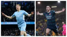 Manchester City dan Arsenal sama-sama meraih kemenangan besar di laga yang bertajuk Boxing Day di Liga Inggris 2021/22. The Cityzens berhasil menang 6-3 dari Leicester City sedangkan The Gunners sukses mencetak lima gol tanpa balas ke gawang Norwich City. (Foto kolase: AP)