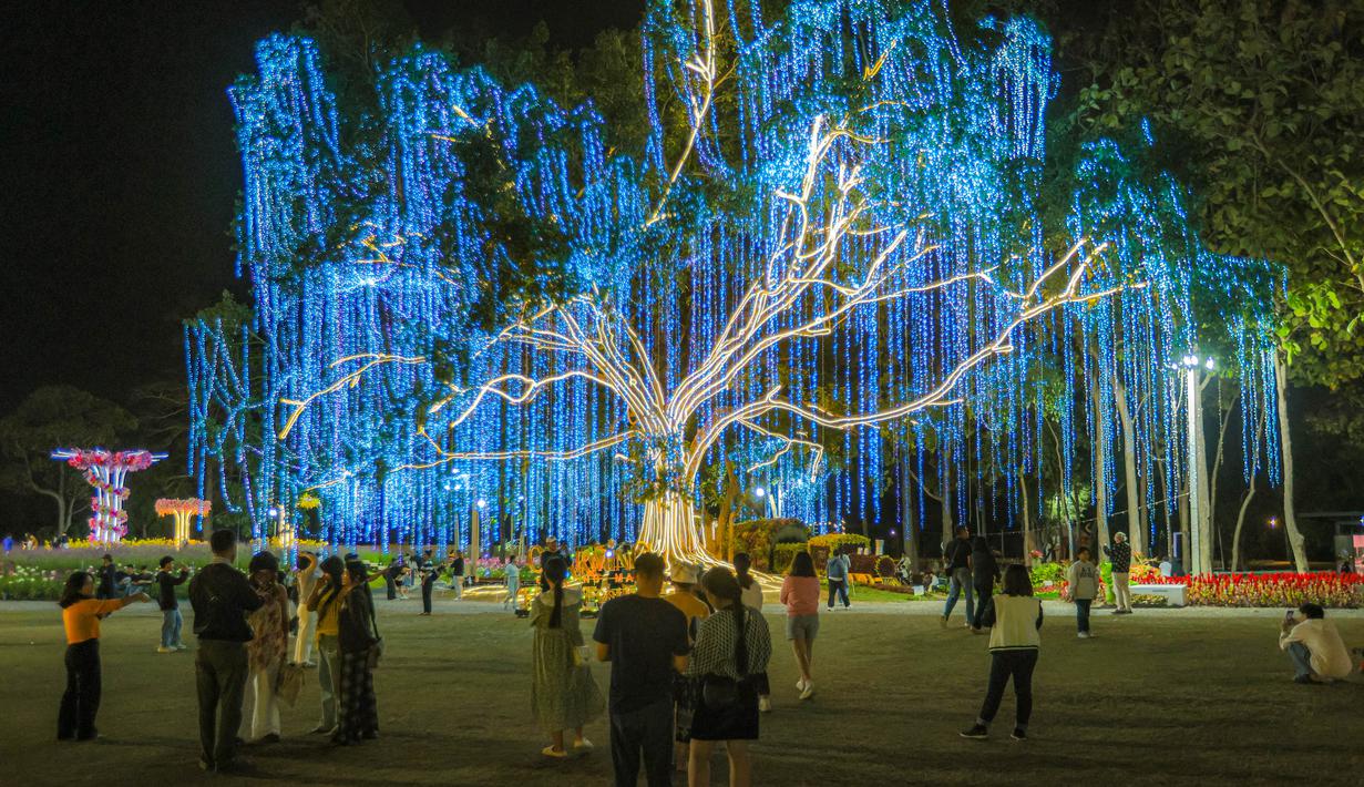 Acara ini menampilkan pameran bunga, instalasi cahaya, dan pertunjukan budaya yang spektakuler untuk mempromosikan pariwisata lokal. Tampak dalam foto, pengunjung menikmati suasana Charming Chiang Mai Flower Festival di Chiang Mai, Thailand, pada Kamis (11/12/2025). (Bola.com/Bagaskara Lazuardi)