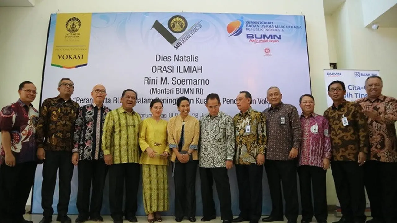 Menteri BUMN Rini Soemarno dalam  Orasi Ilmiah bertema 'Peran Serta BUMN dalam Peningkatan Kualitas Pendidikan Vokasi' (Dok Foto: Liputan6.com/Ilyas Istianur Praditya)