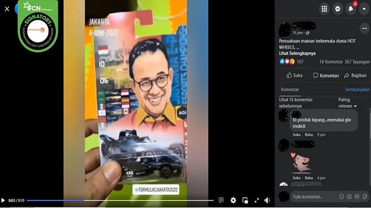 Gambar Tangkapan Layar VIdeo Merchandise Hot Wheels Formula E Bergambar Gubernur DKI Jakarta, Anies Baswedan (sumber: Facebook).