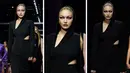 Foto kolase Gigi Hadid saat mengenakan koleksi Musim Semi Musim Panas 2023 wanita Versace selama event Milan Fashion Week di Milan, Italia (23/9/2022). (AP Photo/Alberto Pezzali)