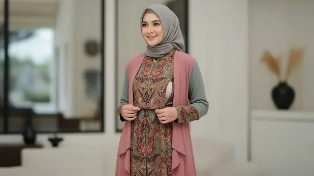 Gamis Batik Kombinasi Tile Polos