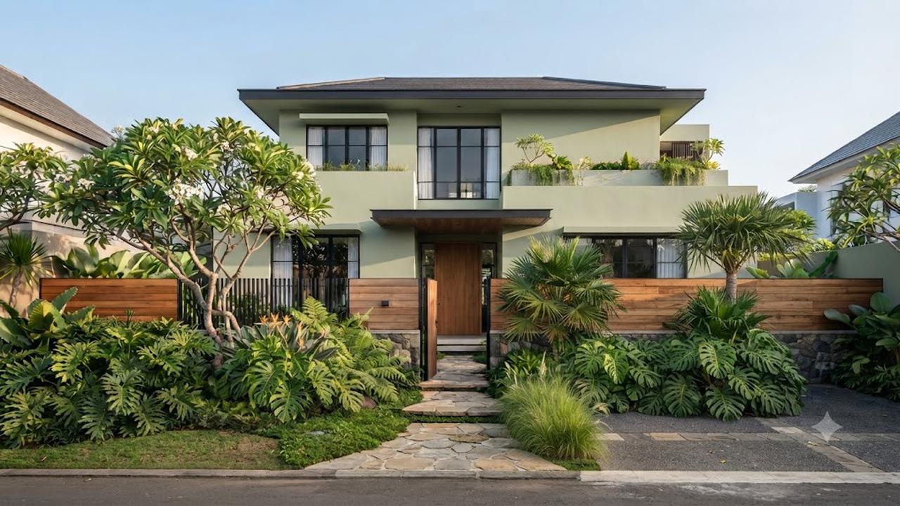 Warna Hijau Sage Cat Luar Rumah Dipadukan dengan Pagar Earthy