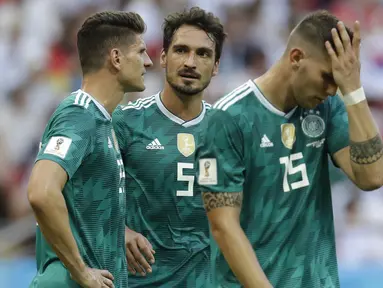 Jerman datang sebagai juara bertahan Piala Dunia 2014 namun performa Tim Panser selama Piala Dunia 2018 hanya berada pada Peringkat empat grup; sekali menang, dua kali kalah. (AP/Michael Probst)