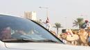 Para Qatari pemilik unta terlihat memantau peliharaan mereka dari dalam mobil. Sementara unta ditangani oleh joki yang mayoritas berasal dari India atau Pakistan. (Bola.com/Ade Yusuf Satria)