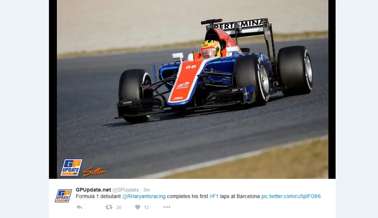 Rio Haryanto saat beraksi dalam tes pramusim F1 di Sirkuit Catalunya, Barcelona, Spanyol, (Bola.com/Twitter)