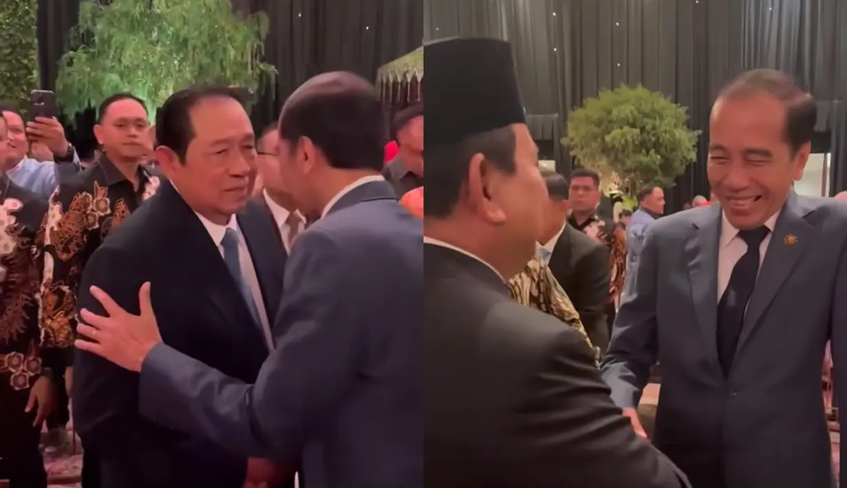 Dalam sebuah foto yang beredar, SBY dan Jokowi terlihat berjabat tangan erat dengan ekspresi serius. Momen ini menjadi sorotan karena keduanya jarang terlihat dalam satu acara dengan interaksi sedekat itu. Foto lainnya menunjukkan Prabowo dan Jokowi berbincang dengan senyum lebar, menciptakan suasana yang lebih akrab.  (Liputan6.com/IG/@jokowi)