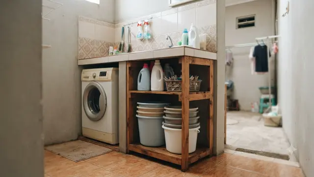 Tempat Menyimpan Ember agar Area Laundry Lebih Rapi, Jadi Ide Penataan Rumah Kontrakan Model Rak di Bawah Laundry
