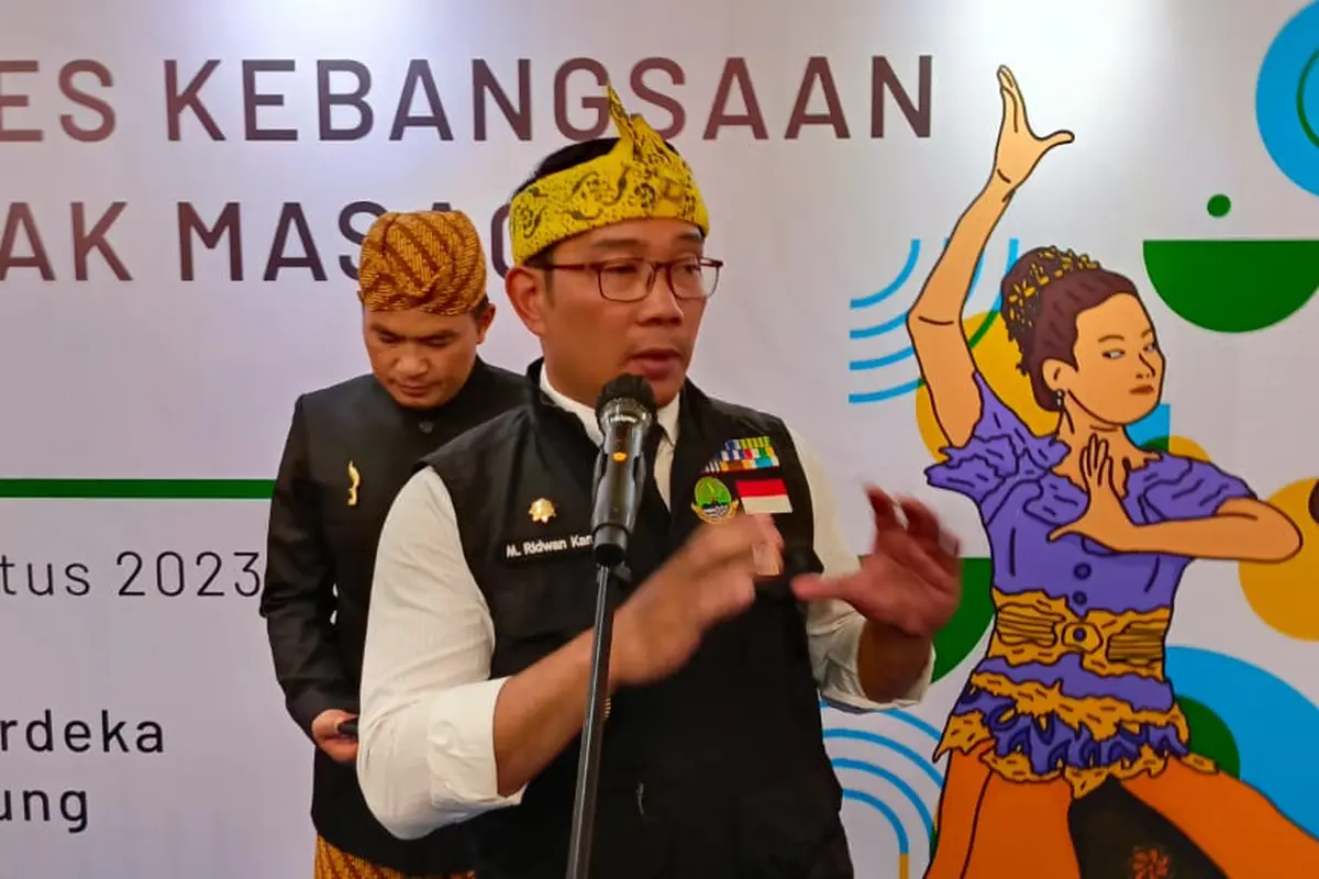 Gubernur Jawa Barat Ridwan Kamil dalam Kongres Kebangsaan Barudak Masagi di Gedung Merdeka, Kota Bandung, Sabtu (26/8/2023). (Foto: Liputan6.com/Arya Prakasa)
