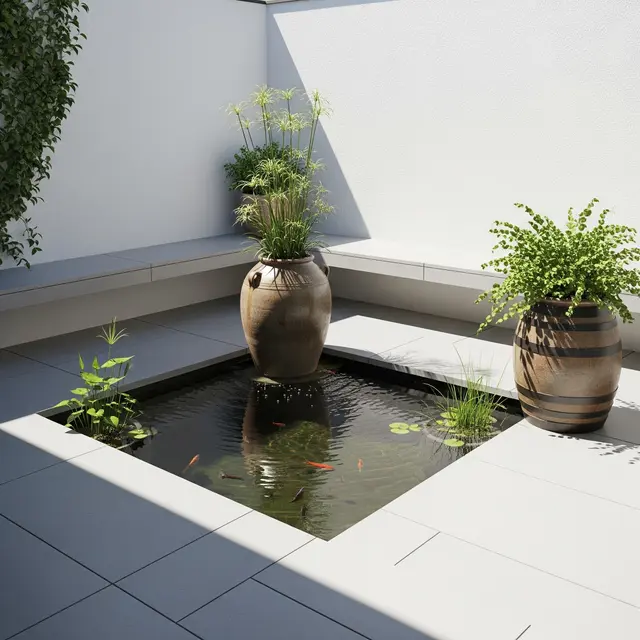 Model Teras Rumah 2x2 dengan Kolam Ikan Mini (Image by Gemini AI)