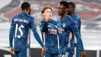 Pemain Arsenal merayakan gol yang dicetak Folarin Balogun ke gawang Dundalk pada laga lanjutan Liga Europa 2020/2021 di Aviva Stadium, Jumat (11/12/2020) dini hari WIB. Arsenal menang 4-2 atas Dundalk. (AFP/Paul Faith)