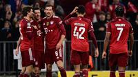 Tim dengan koleksi gol terbanyak di babak 16 besar Liga Champions adalah Bayern Munchen, yaitu 88 gol. Terbaru, mereka menambah catatan tersebut daat bermain imbang 1-1 dengan RB Salzburg. Raksasa Bavaria menjadi salah satu kandidat kuat juara Liga Champions musim ini. (AFP/Tobias Schwarz)
