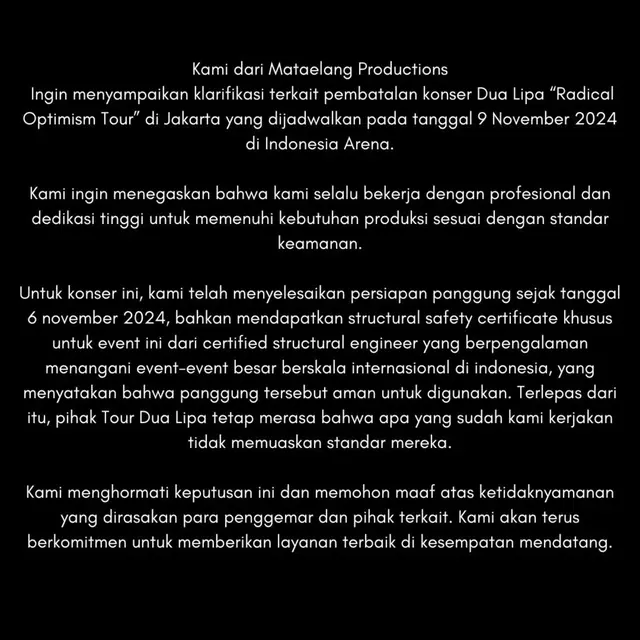 Unggahan Mata Elang Production mengenai konser Dua Lipa. (Instagram/ mataelangproductions)
