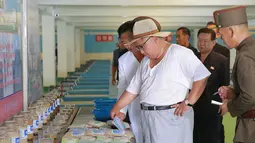 Pemimpin Korea Utara Kim Jong-un saat meninjau peternakan lele samchon di Provinsi Hwanghae Selatan, Korea Utara, Senin (6/8). Kim tampak santai dengan kaus putih tipis dan topi bundar. (KCNA VIA KNS/AFP)