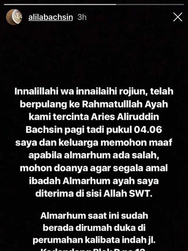 kabar duka meninggalnya ayah Arumi Bachsin (Instagram/ @alilabachsin)