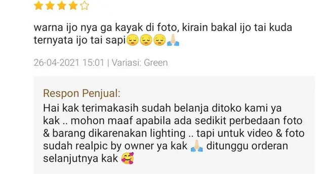 6 Ulasan Pembeli di Online Shop Komplain Warna Barang Ini Bikin Elus Dada