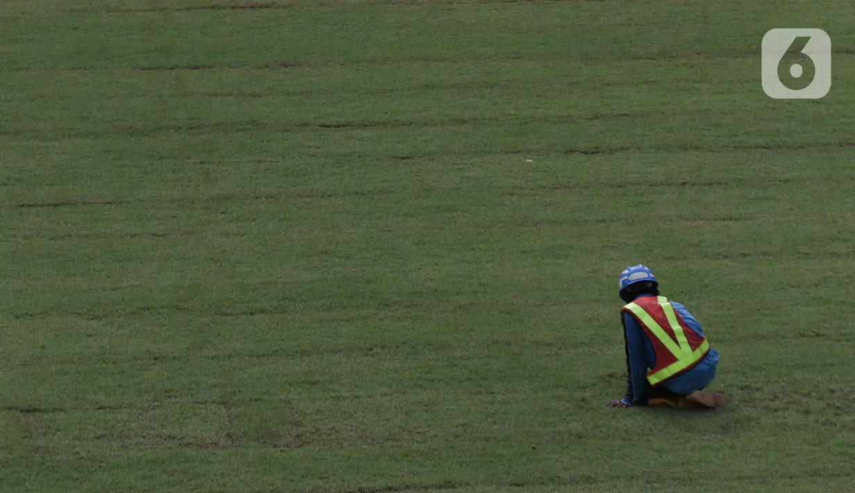 Aktivitas pekerja merawat rumput lapangan utama Jakarta International Stadium (JIS), Selasa (9/11/2021). Hingga minggu ke-114, progres pembangunan Jakarta International Stadium telah mencapai 81,60 persen dan ditarget selesai pada Desember 2021. (Liputan6.com/Helmi Fithriansyah)