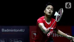 Pebulu tangkis tunggal putra Indonesia, Anthony Sinisuka Ginting saat bertanding melawan Viktor Axelsen (Denmark) pada Semifinal Indonesia Masters 2022 di Istora Senayan, Jakarta, Sabtu (11/6/2022). Anthony Sinisuka Ginting gagal melaju ke final Indonesia Masters 2022. (Liputan6.com/Helmi Fithriansyah)