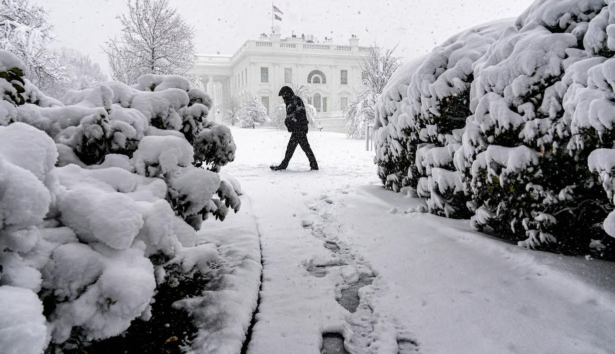 Gedung Putih, Washington, tertutup salju yang turun saat badai musim dingin bertiup ke wilayah Atlantik Tengah pada Senin (3/1/2022) dini hari. Hujan salju lebat disertai angin kencang mengguyur wilayah tenggara dan tengah Amerika Serikat. (AP Photo/Andrew Harnik)