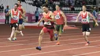 Purnomo Sapto Yogo pelari Indonesia meraih medali emas di nomor 100 meter putra klasifikasi T37 pada Asian Para Games 2018, di Stadion Utama Gelora Bung Karno Jakarta, Selasa (9/10/2018).  (Bola.com/Peksi Cahyo)