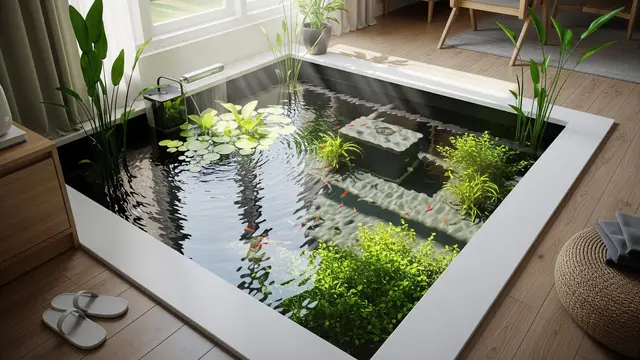Desain Kolam Ikan Bawah Jendela Ruang Tamu yang Estetik dan Hemat Tempat