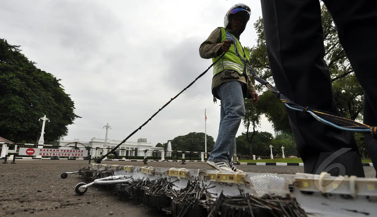 Sejumlah paku yang berhasil didapatkan oleh relawan saber di Istana Merdeka, Jakarta, Jumat (6/3/2015). Paku yang ditebar oleh orang tidak bertangung jawab seringkali mengganggu para pengguna jalan. (Liputan6.com/Faizal Fanani)