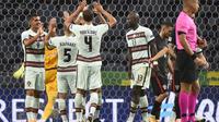 Portugal merayakan keberhasilan mengalahkan Kroasia dengan skor 4-1 pada ajang UEFA Nations League, Minggu (6/9/2020) dini hari WIB. (MIGUEL RIOPA / AFP)