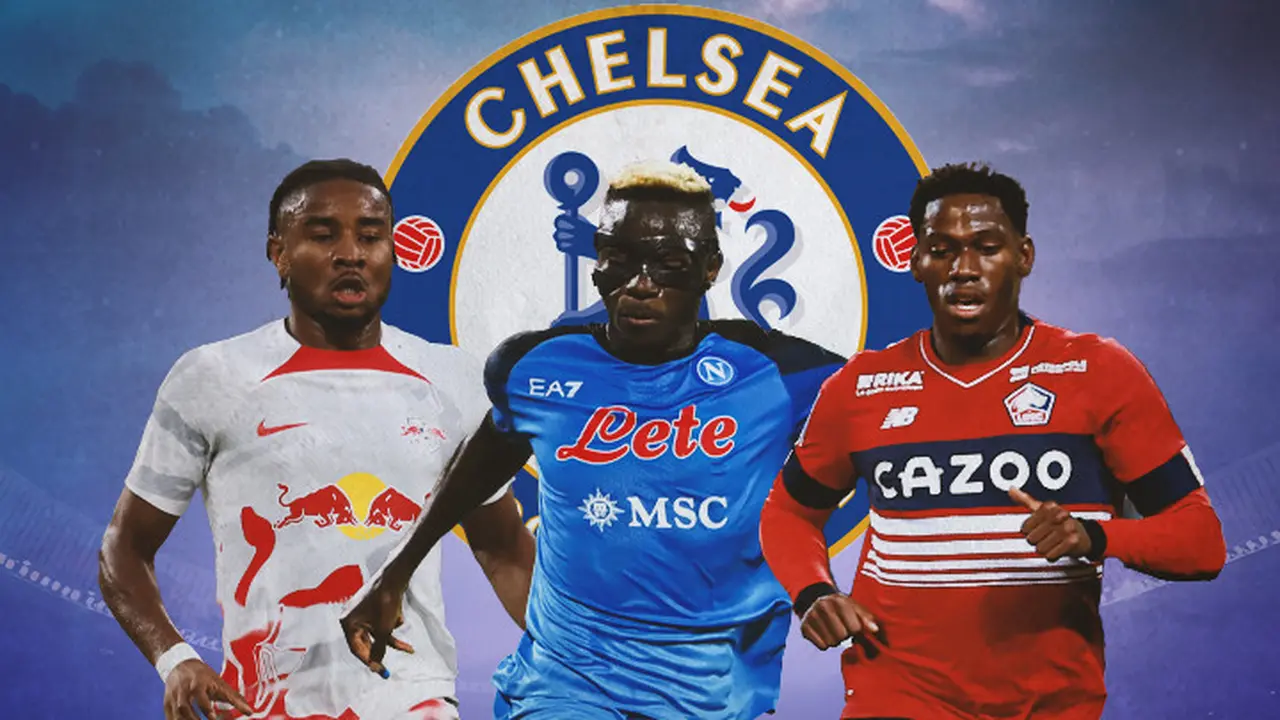 Ilustrasi - Victor Osimhen, Jonathan David, Christopher Nkunku Background Logo Chelsea
