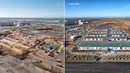 Foto gabungan menunjukkan perkembangan pembangunan sebuah rumah sakit darurat pada 5 April 2020 (kiri) dan pada 18 April 2020 di Nur-Sultan, Kazakhstan. Kazakhstan membangun rumah sakit darurat untuk merawat pasien COVID-19 hanya dalam waktu 13 hari di ibu kota negara tersebut. (Xinhua/BI Group)