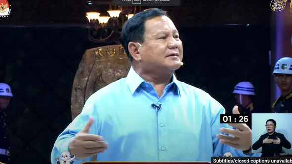 <p>Prabowo Subianto saat debat capres perdana di kantor Komisi Pemilihan Umum (KPU), Selasa (12/12/2023). (Foto: Tangkapan layar Youtube KPU RI)</p>