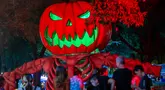 Sebuah labu Halloween raksasa terlihat saat festival labu di Parque Fundidora, Monterrey, Negara Bagian Nuevo Leun, Meksiko, pada 25 Oktober 2024. (Julio Cesar AGUILAR/AFP)