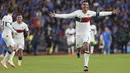 <p>Penyerang Portugal, Cristiano Ronaldo berselebrasi setelah mencetak gol ke gawang Islandia selama pertandingan lanjutan grup J kualifikasi Euro 2024 di Reykjav&iacute;k, Islandia, Rabu, 21 Juni 2023. (AP Photo/&Aacute;rni Torfason)</p>