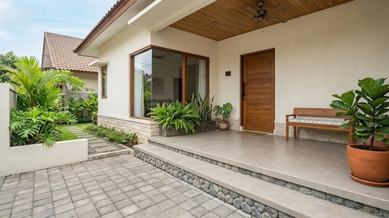 Teras Rumah dengan Lantai Naik Satu Anak Tangga
