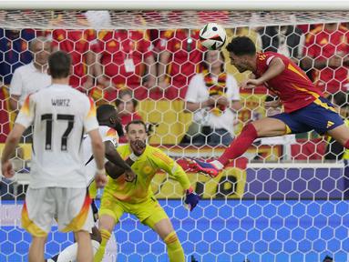 Mikel Merino mencetak gol penentu kemenangan Timnas Spanyol atas Timnas Jerman pada perempat final Euro 2024. (AP Photo/Ariel Schalit)