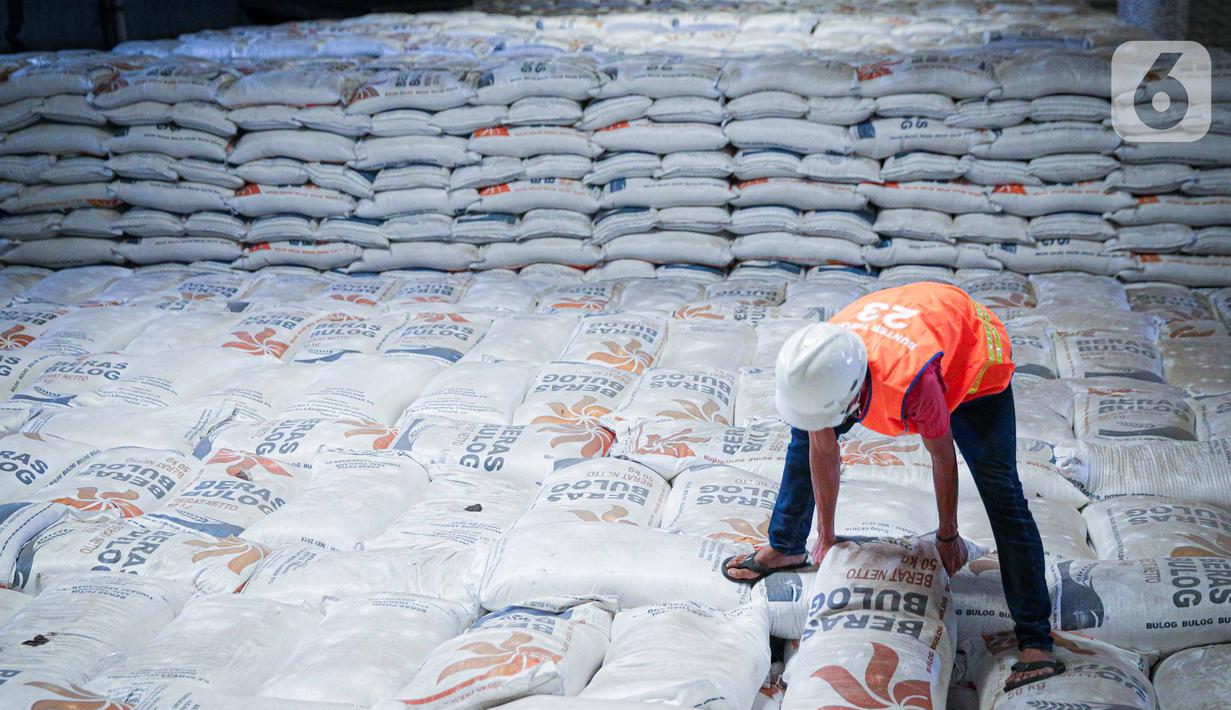 Aktivitas pekerja di gudang beras milik Perum Bulog di kawasan Pulo Mas, Jakarta, Kamis (26/11/2020). Kementan kembali memastikan bahwa meski tengah dilanda pandemi Covid-19 pasokan beras hingga akhir tahun masih ada stok beras sebanyak 7,1 juta ton. (Liputan6.com/Faizal Fanani)