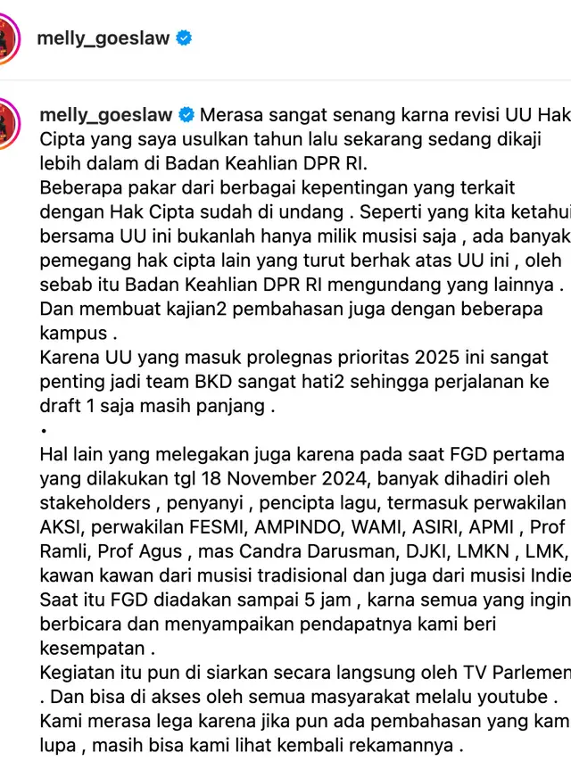 Unggahan Melly Goeslaw. (Foto: Dok. Instagram @melly_goeslaw)