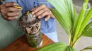 Pengrajin tanaman, Herman Ronda merawat bonsai kelapa di Jalan Salak, Pamulang, Tangerang Selatan, Senin (13/10/2020). Bonsai dari batok kelapa yang digeluti sejak tahun 2017 dijual dengan kisaran harga 200 ribu - 1,5 juta rupiah. (Liputan6.com/Fery Pradolo)