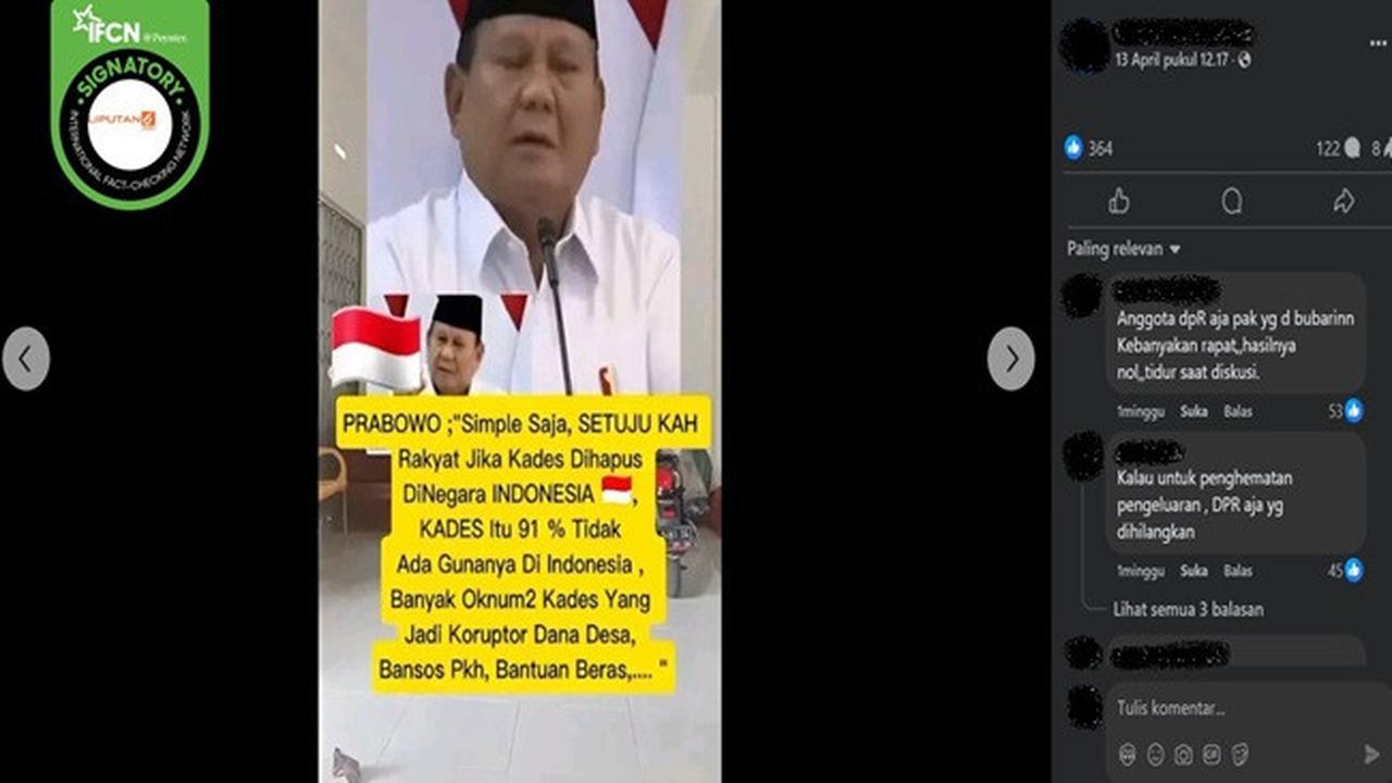 Gambar tangkapan layar kabar tentang Presiden Prabowo Subianto bakal menghapus jabatan kepala desa pada April 2025. (sumber: Facebook)