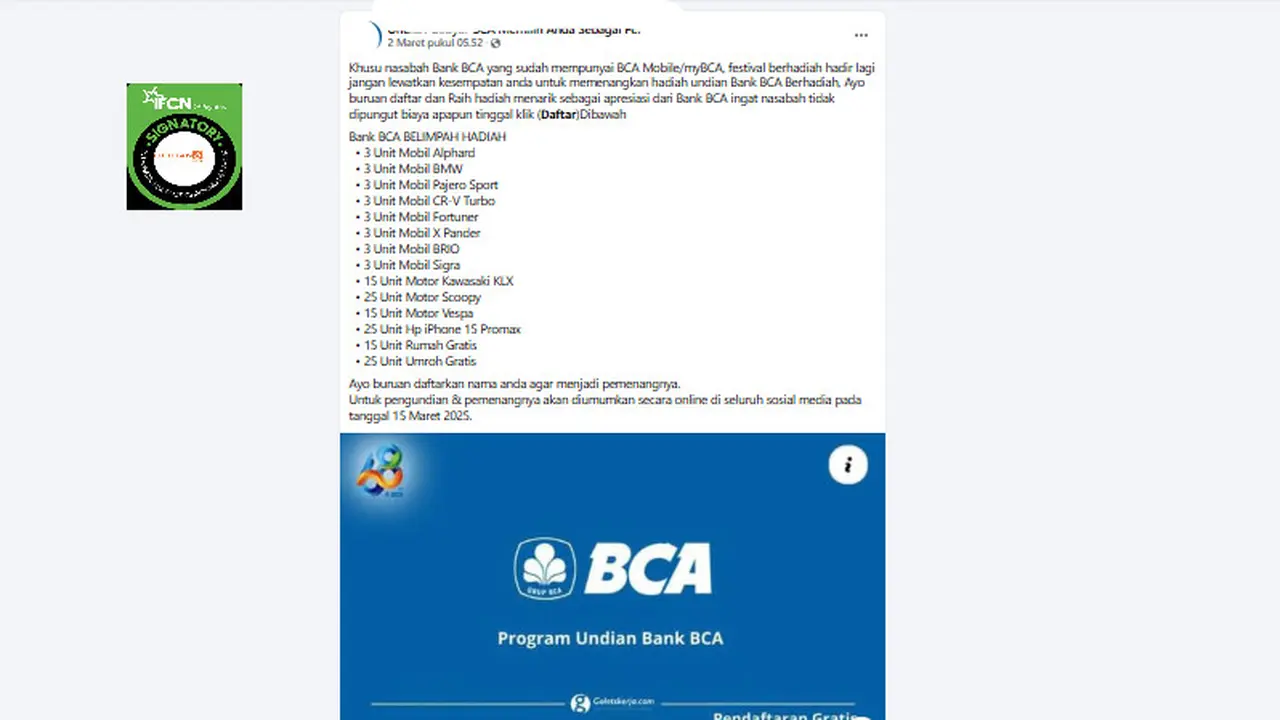 Tangkapan layar klaim link pendaftaran undian  berhadiah BCA