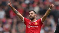 Bruno Fernandes saat ini menjadi pemain vital di skuat Manchester United. Didatangkan dari Sporting CP pada transfer musim dingin 2020, Setan Merah harus merogoh kocek sebesar 63 juta euro. Sejauh ini, Bruno telah mencetak 45 gol dan 24 assist dalam 104 laga bersama MU. (AFP/Adrian Dennis)