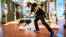 Robot 5G K9 memberikan hand sanitiser atau cairan pembersih tangan kepada pengunjung di pusat perbelanjaan di Bangkok, Kamis (4/6/2020). Thailand menggunakan teknologi di garis depan untuk menjaga ruang publik dari penyebaran pandemi corona Covid-19. (Mladen ANTONOV / AFP)