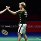 Ganda putra Indonesia, Kevin Sanjaya / Marcus Gideon, merayakan kemenangan atas Li Junhui / Liu Yuchen pada final Jepang Terbuka di Tokyo, Minggu (16/9/2018). Kevin Sanjaya / Marcus Gideon berhasil menjadi juara. (AFP/Kazuhiro Nogi)