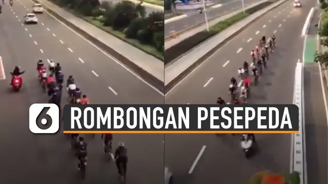 Terlihat rombongan pesepeda itu nampak melintas di tengah jalan jalur kendaraan bermotor.